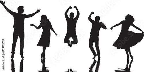 Silhouette people walk with distinct profiles, presenting a varied collective on transparent background