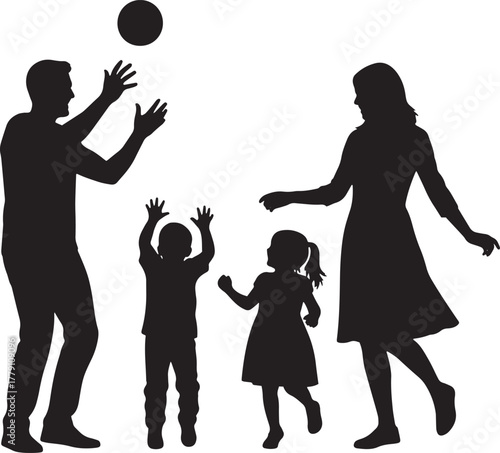 Shadowy father and young son playfully catch a ball as mother and daughter watch