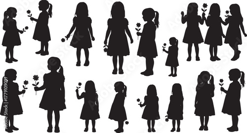 Silhouetted girls in various poses hold flowers wearing dresses against white background shows childhood innocence