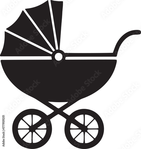Solitary vintage baby stroller showcases its iconic design in solid black on transparent background