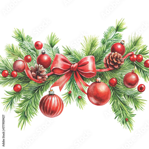 Horizontal Christmas garland watercolor illustration decorated with green pine branches
