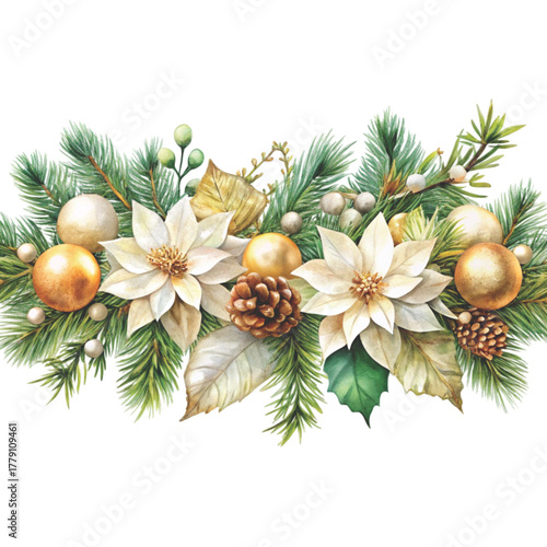 Horizontal Christmas garland watercolor illustration decorated with green pine branches