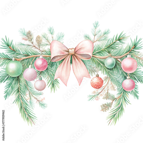 Horizontal Christmas garland watercolor illustration decorated with green pine branches