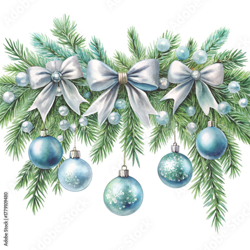 Horizontal Christmas garland watercolor illustration decorated with green pine branches