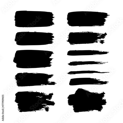 Black brush strokes silhouette collection with various ink smears and grunge textures on a clean white background