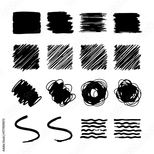 Black silhouette set of hand drawn brush strokes and scribble shapes including squares and wavy lines for texture