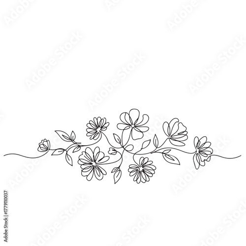 Continuous Line Art of Delicate Wildflowers and Leaves on a White Background