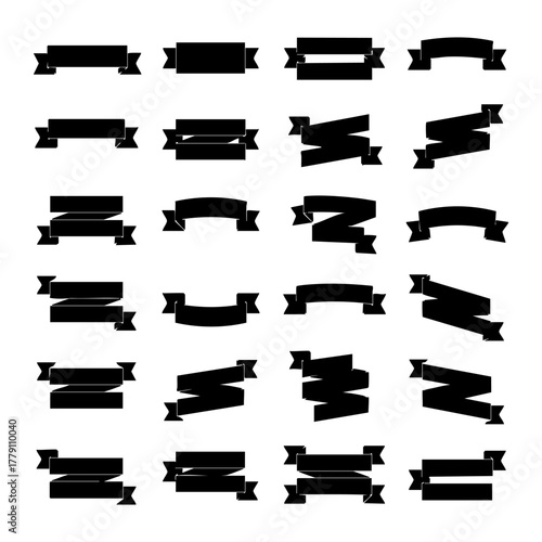 Collection of 25 black ribbon banner silhouettes on a white background, perfect for labels and text display