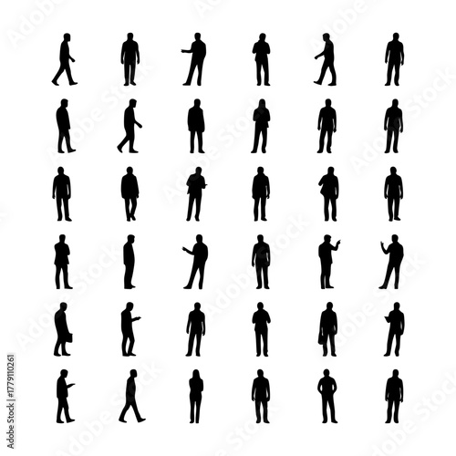 Collection of many people silhouettes in various poses, walking and standing, isolated on a white background