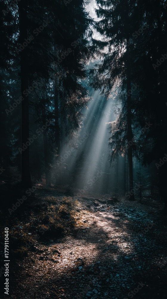 Obraz premium Sunbeams filter through a dense, shadowy forest, creating an ethereal and atmospheric scene