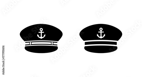 Two black captain hats with anchors on a white background