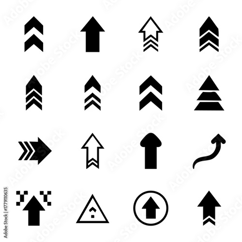 Collection of various black up arrow silhouette icons indicating direction upload progress and movement isolated on white background