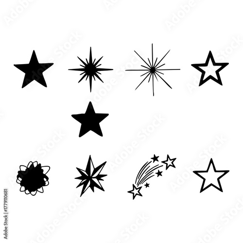 Diverse collection of eight star silhouettes featuring various shapes and styles isolated on a white background