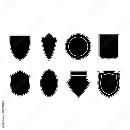 Eight different shield silhouettes with various shapes and outlines for heraldry and protection concepts