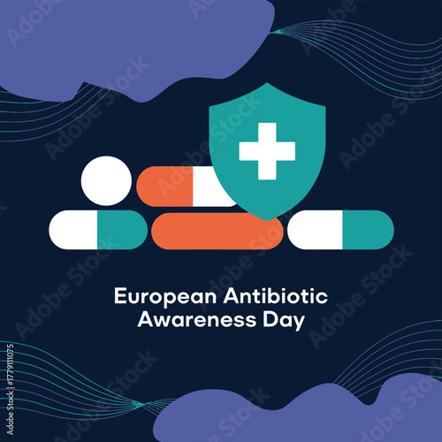 European antibiotic awareness day, illustration of person with shield and pills, promoting responsible antibiotic use