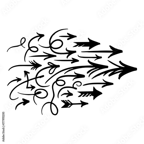 Hand drawn arrow silhouette collection pointing right, symbolizing direction, progress, and unified movement towards a common goal