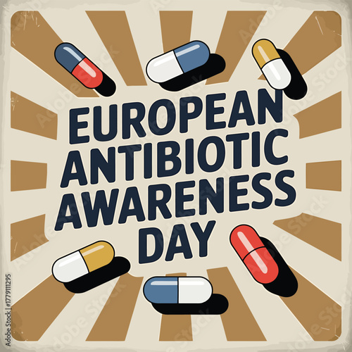 European antibiotic awareness day text with scattered pills, promoting responsible antibiotic use and combating resistance