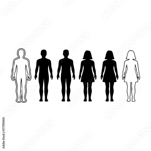 Human body silhouette icon set showing male and female figures for health, demographics, and population concepts