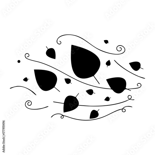 Leaves silhouette caught in a gentle breeze with elegant swirling lines on an isolated white background