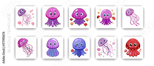Cute jellyfish cartoon set