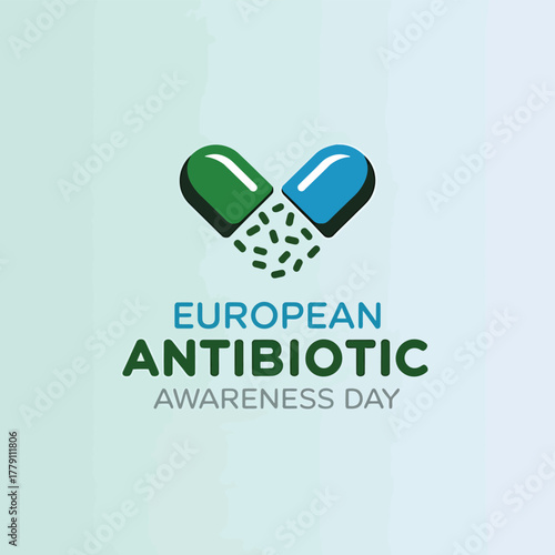 European antibiotic awareness day graphic with a heartshaped capsule spilling contents, promoting responsible antibiotic use