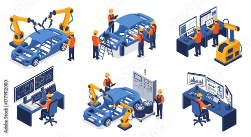Isometric Illustration Set of Car Manufacturing Process with Workers and Robots