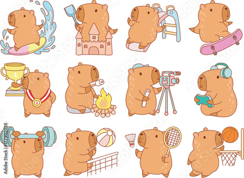 Illustrations of cute capybara character clip art for kids.