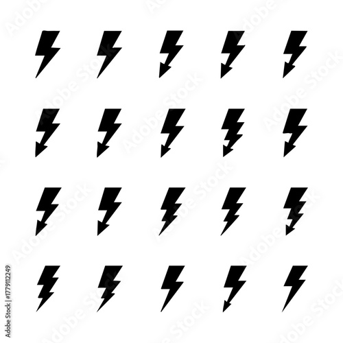 Set of 20 lightning bolt silhouettes in various shapes representing electricity power and energy hazard warning