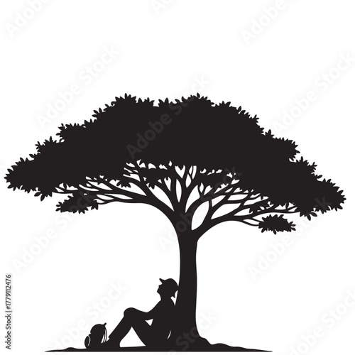 Silhouette of a Person Resting Under a Tree with a Backpack