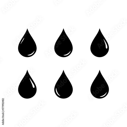 Six black liquid drops silhouette set isolated on a clean white background representing water or oil droplets