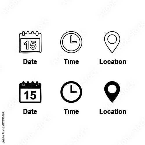 Set of six date time location icons including outline and solid silhouette versions for scheduling and event planning