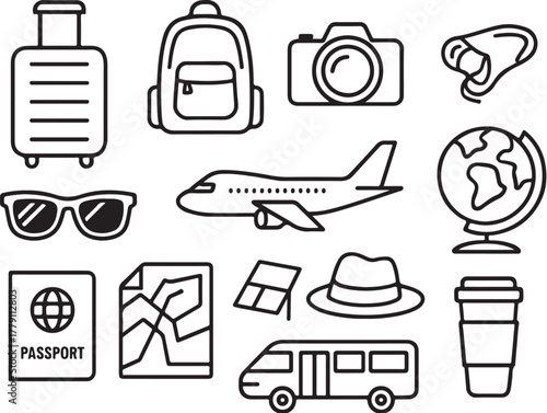 Bundle of Ten Travel Items Black and White Vector Illustration.eps