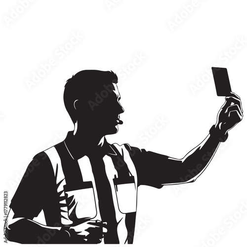 Soccer Referee Silhouette Blowing Whistle and Showing Card