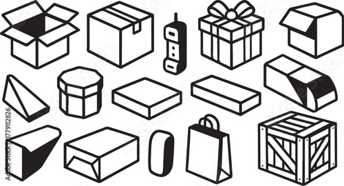 Bundle of Ten Packaging Boxes Black and White Vector Illustration.eps