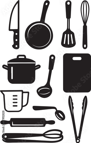 Bundle of Ten Kitchen Utensils Black and White Vector Flatlay Illustration.eps