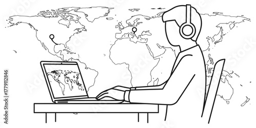 Global connectivity illustration showing person with headphones working on laptop displaying world map with three linked international locations