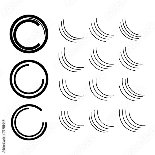 Three incomplete circle silhouettes and multiple sets of curved wave lines representing sound or signal transmission