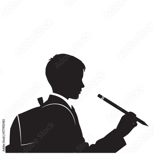 Young Student Silhouette Holding Pencil, Focused on Learning and Creativity