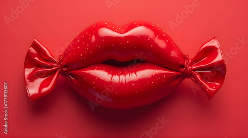 Surreal Red Lips Wrapped Like Candy on Monochromatic Background