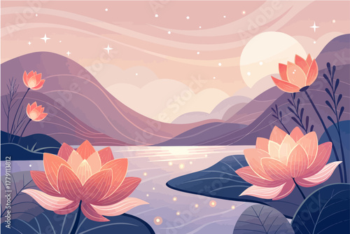 Serene lotus blossoms floating on tranquil water under a dreamy sunset, evoking peace and harmony in this vector art style illustration