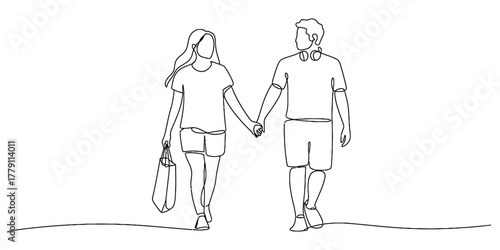 Continuous line drawing of a couple walking and holding hands