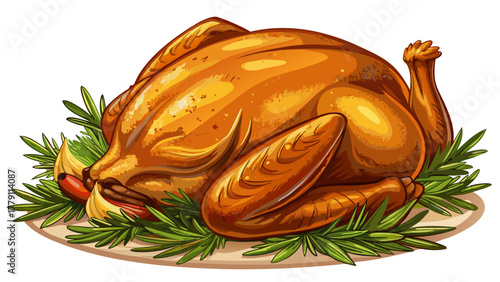 Very beautiful close-up of roasted Thanksgiving turkey on white background, realistic golden crispy skin, herbs, and warm lighting.