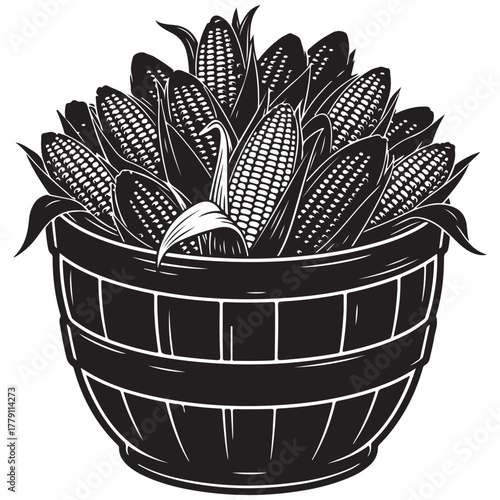 Black and White Illustration of Corn Cobs in a Wooden Barrel