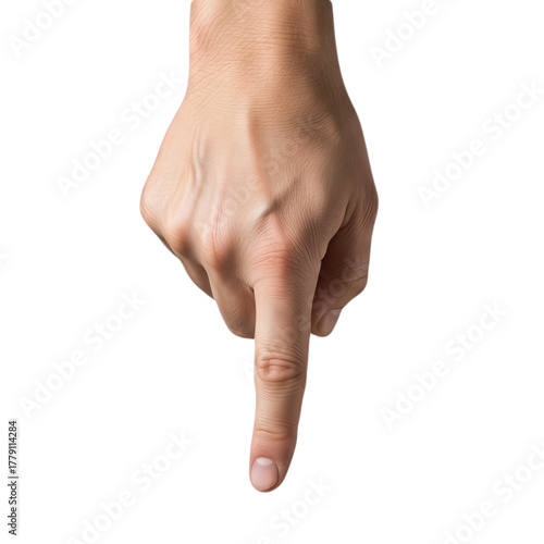 Male Index Finger Pointing Down Isolated on White Background Gesture Direction Click Scroll Swipe Down Web Interface Communication Showing Next Item Instruction