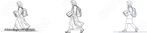 The image presents a continuous line drawing of a standing girl, portrayed as a teenager or college woman, with a book, holding a stack of books and engaged in studying, in a minimalist and modern
