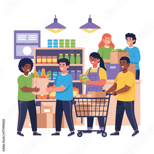 Diverse group shopping at grocery store with healthy foods and friendly staff