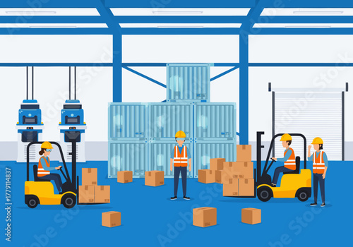 Warehouse workers operating forklifts to move stacked boxes and shipping containers, illustrating logistics and supply chain operations