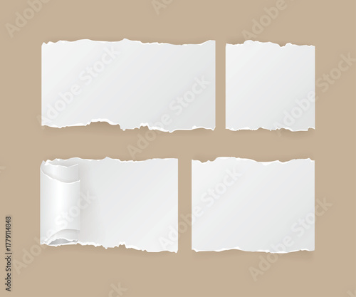 Torn white paper scraps cartoon illustration set. Ragged square pieces of notebook sheets. Ripped empty notes or memo, blank damaged notepaper with shred edges. Scrapbook concept. Blank vector paper.