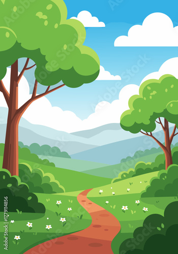 Serene Countryside Landscape with Winding Path Through Lush Green Hills and Trees Under a Blue Sky with Clouds