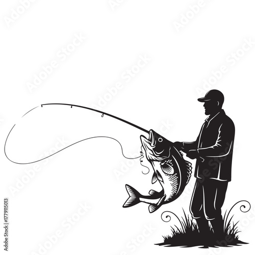 Silhouette Illustration of a Fisherman Holding a Large Fish and Fishing Rod